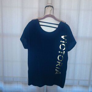 VICTORIA SECRET Cap Sleeve Open Back Monogram Navy Tee Shirt XL